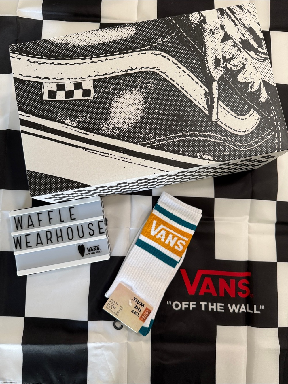 Vans White Crew Socks with Teal & Mustard Stripes